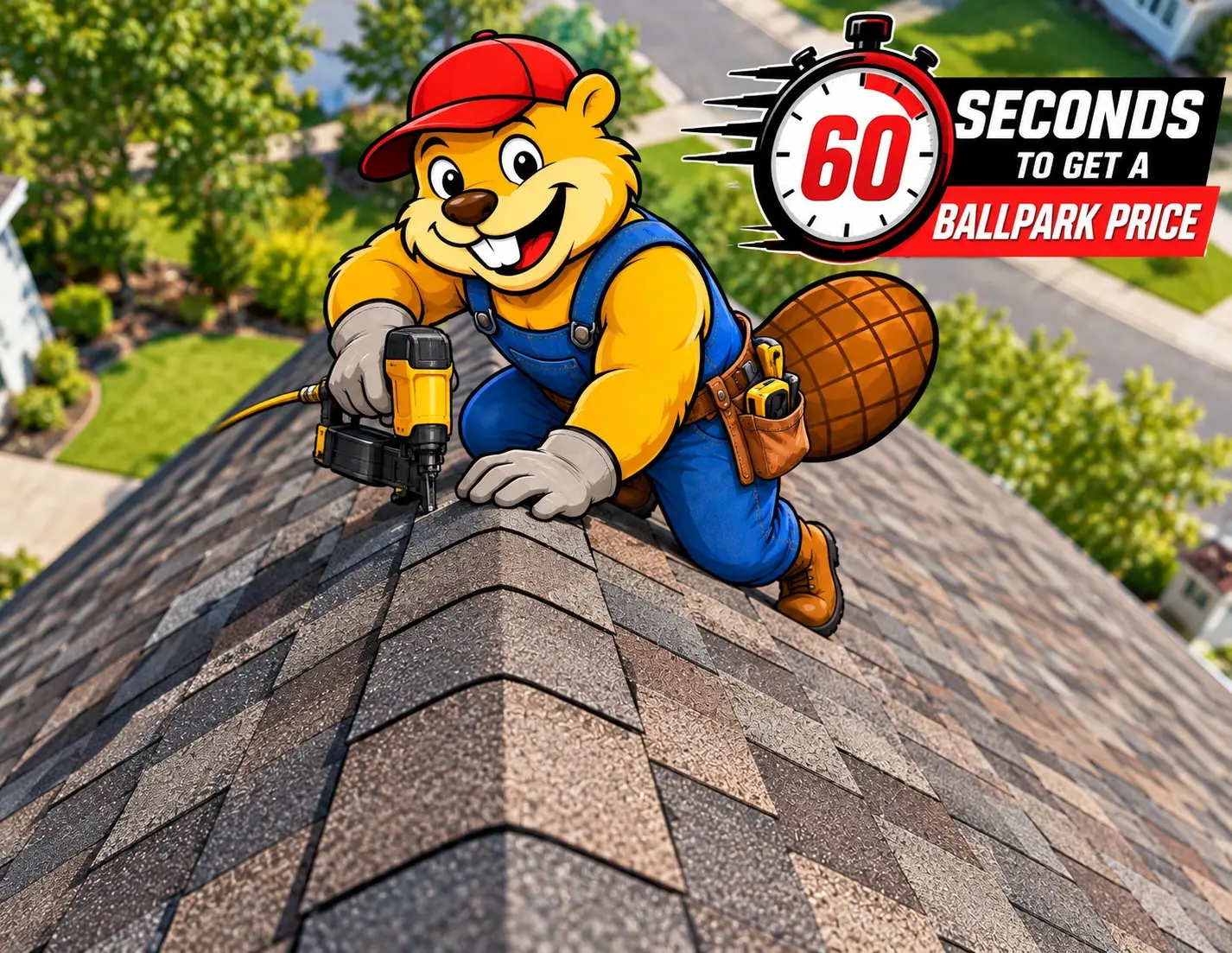 Dam Good Roofing beaver mascot kneeling on a roof hammering asphalt shingles into place