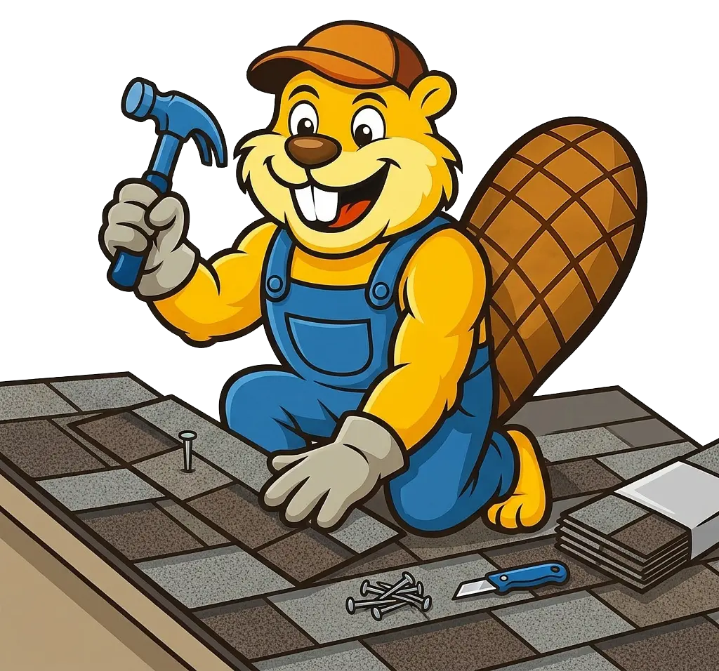 Dam Good Roofing beaver mascot kneeling on a roof hammering asphalt shingles into place