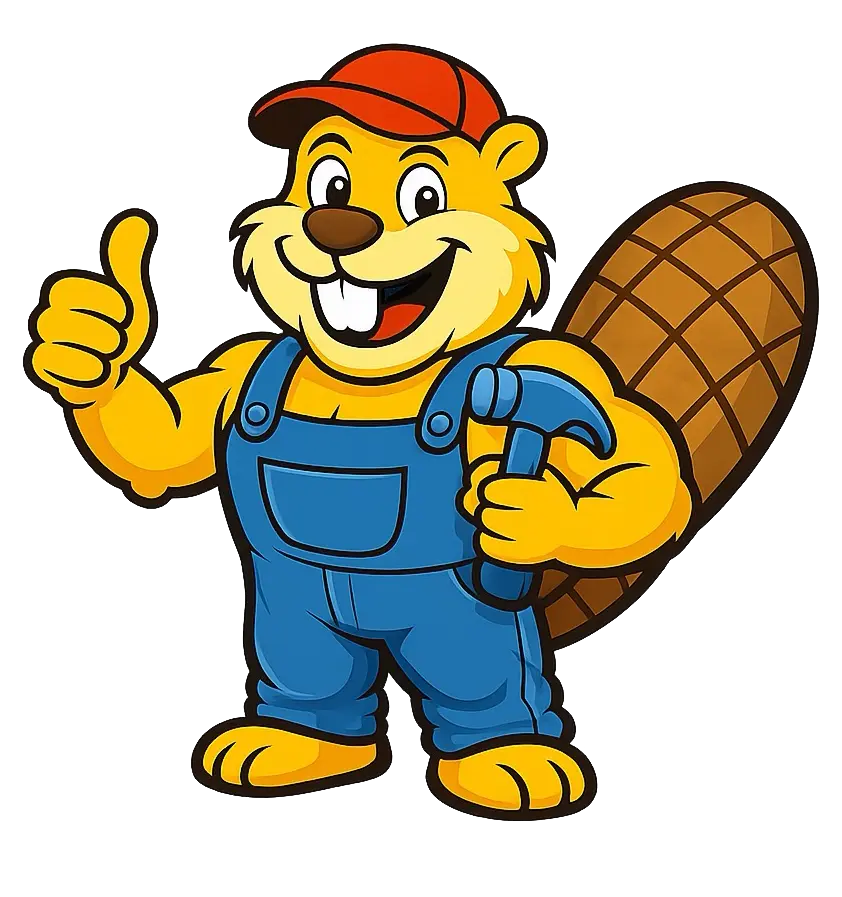 Dam Good Roofing beaver mascot in a red cap and blue overalls giving a thumbs up while holding a hammer