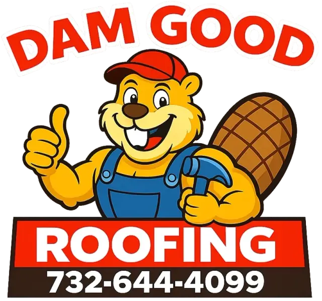 Dam Good Roofing logo with cartoon beaver mascot, roofing contractor in Manahawkin, NJ